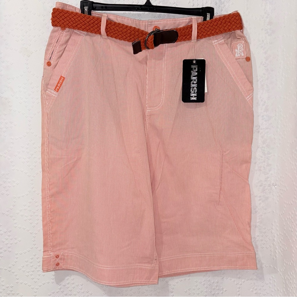Parish Orange White Seersucker Stripe Bermuda Shorts Belted Size 42 NWT